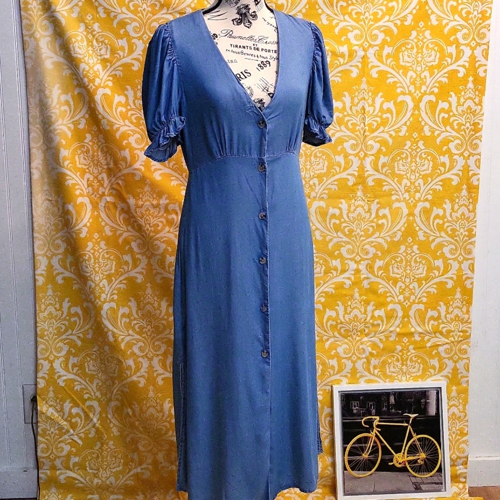 Divided Dress Puff Sleeves & Buttons Chambray Blue Tea size Small S